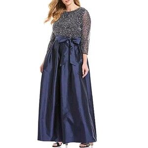 Pisarro Nights 16W Gown Full Length Sequin Bodice 3/4 Sleeve Evening Dress